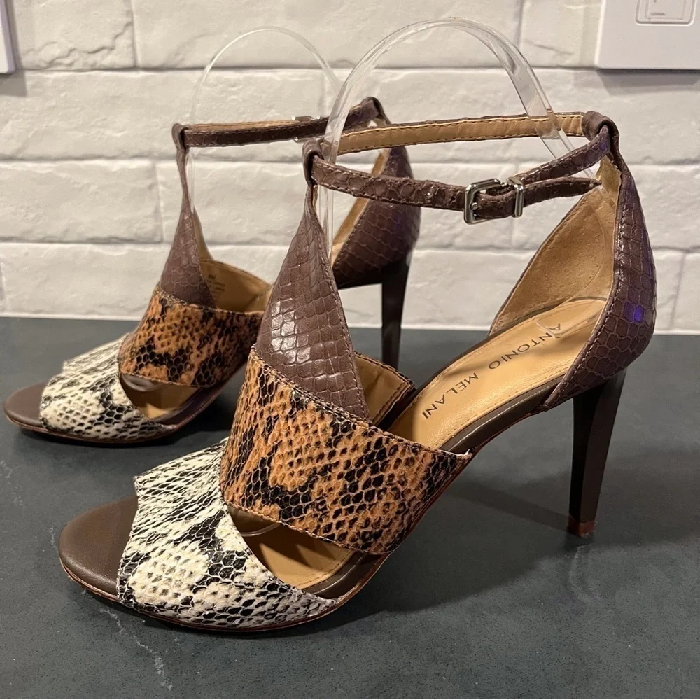 Antonio Melani sz 8 tri-color snakeprint leather high ankle strap heels
